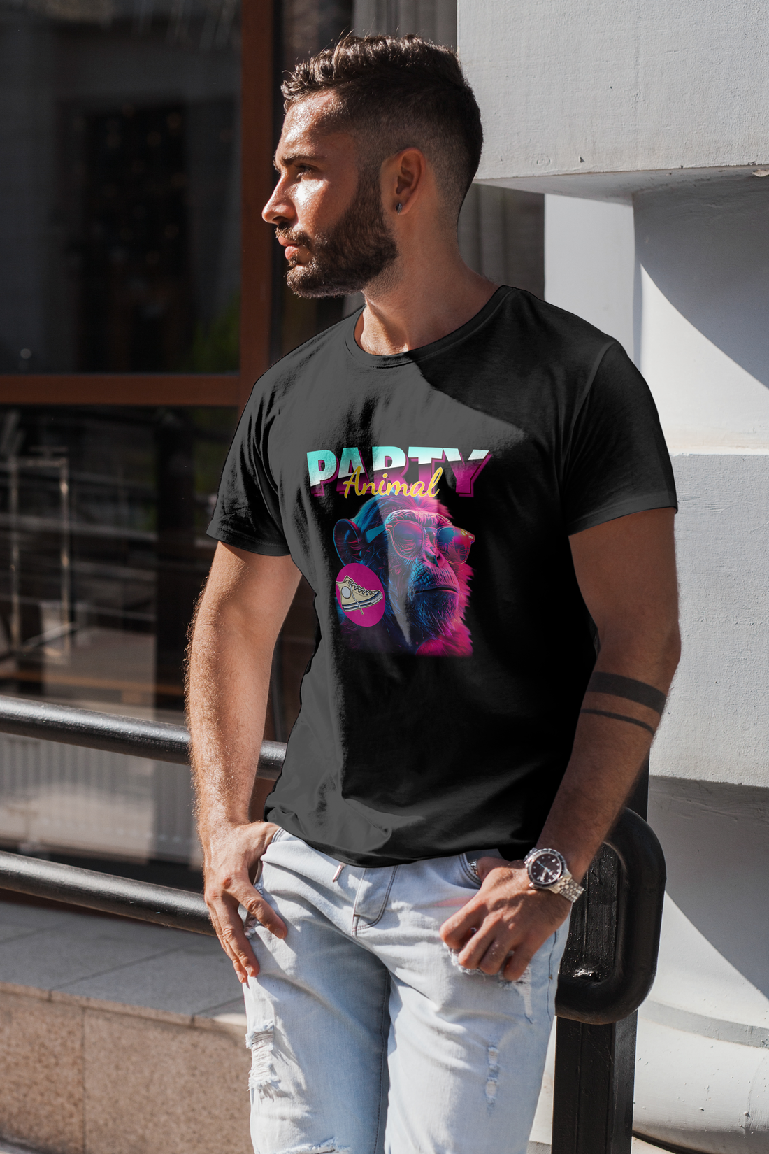 Chimpanzee with Sunglasses Neon Party T-Shirt