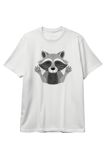 Cute funny cartoon raccoon with paws in flat style forest T-shirt