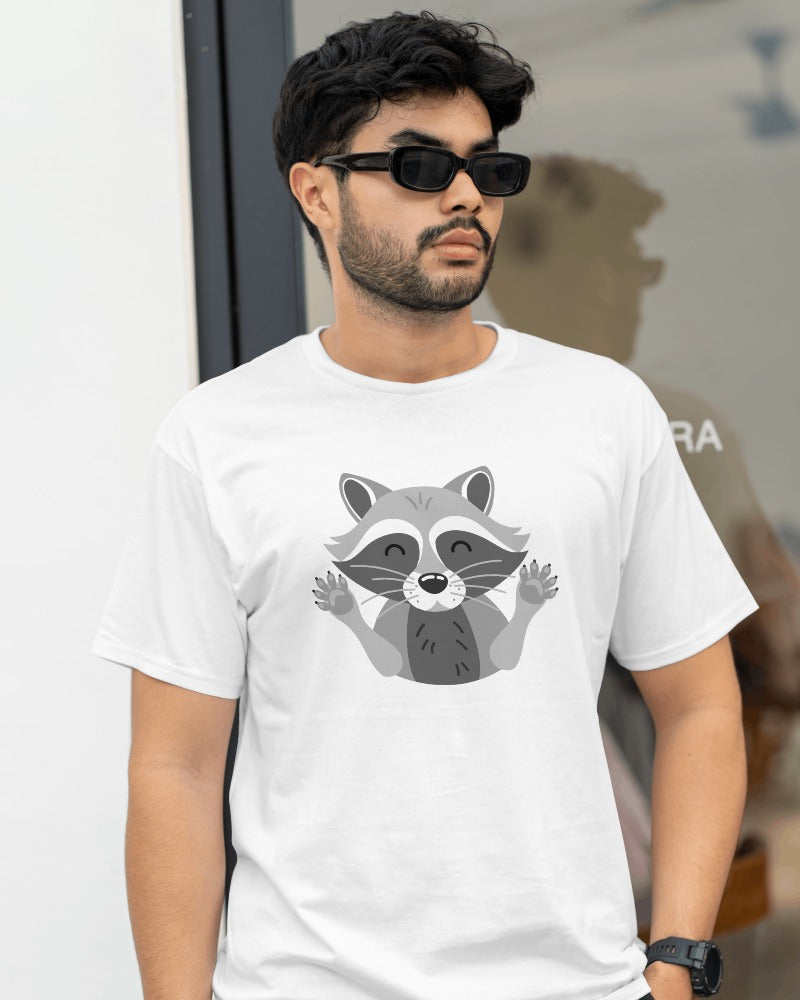 Cute funny cartoon raccoon with paws in flat style forest T-shirt